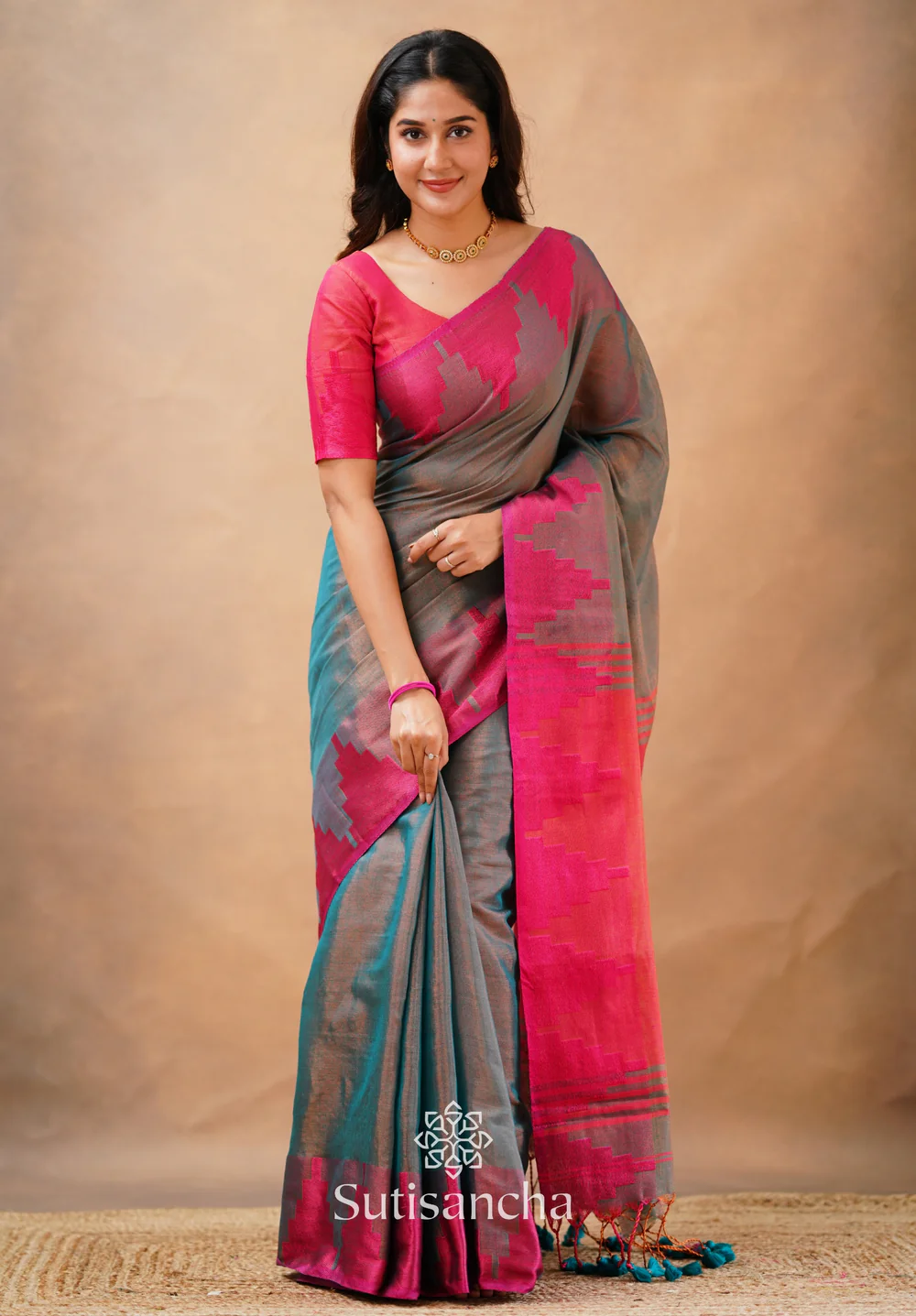 Untitled_1587x2280px_72 Tissue Cotton Handloom Saree with Artisanal Stepped Border - Image 1